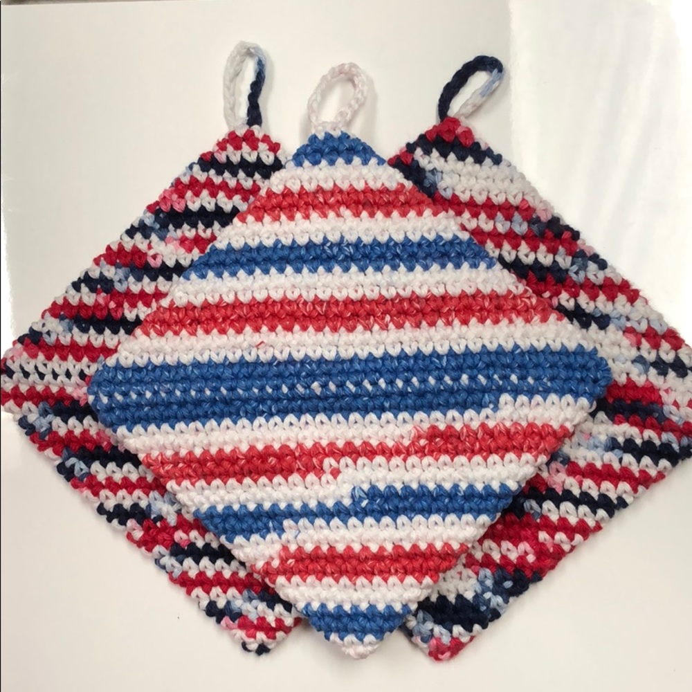 Set of 3 Cotton potholders red white blue handmade